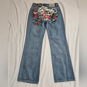 Ed Hardy Blue Wide Leg Jeans with Multicolor Tattoo Embroidery